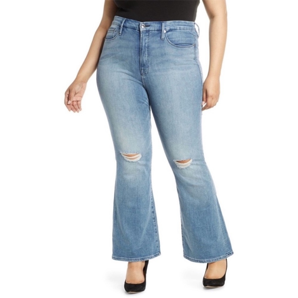 Good American Good Legs Flare Jeans Light Wash Denim 18 Distressed Ripped Knees